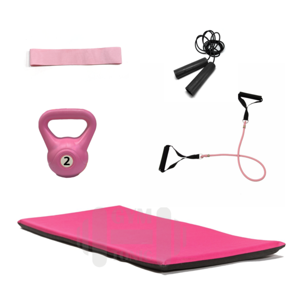 Set de entrenamiento rosa - pesa rusa 2 kg + tiraband + banda + soga + colchoneta