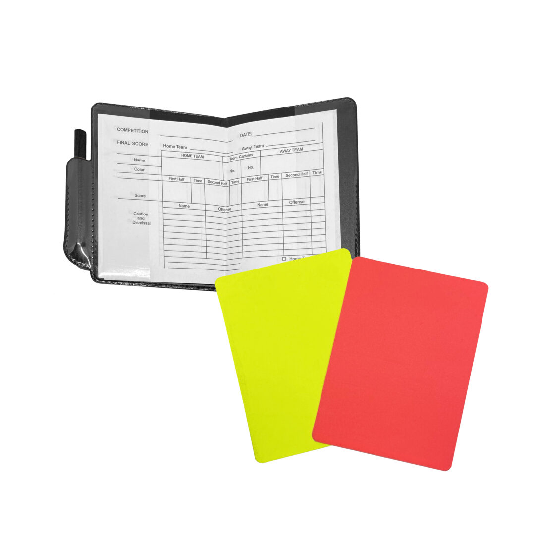 Tarjeta de arbitro referi roja y amarilla con porta tarjetas