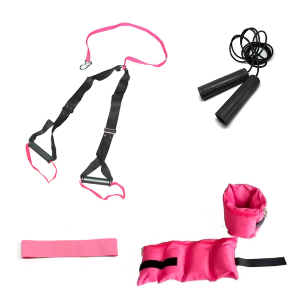 Set de entrenamiento rosa - Banda de suspensión tipo TRX + tiraband circular + tobilleras 1 kg + soga de saltar