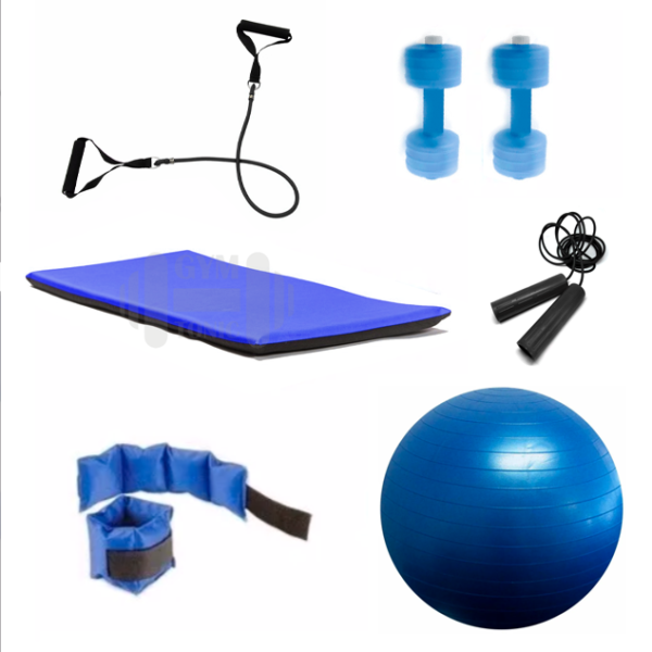 Set de entrenamiento azul colchoneta esferodinamia tobilleras etc