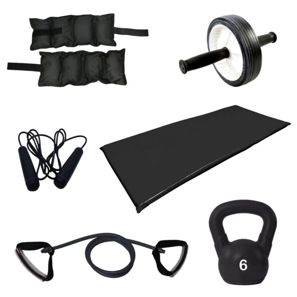 Set de entrenamiento negro - colchoneta + pesa rusa 6 kg + tobilleras 1 kg + soga + rueda abdominal + banda