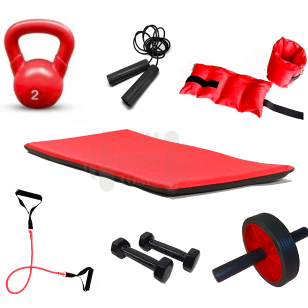 Set entrenamiento rojo - Kettlebell colchoneta pesas banda y más