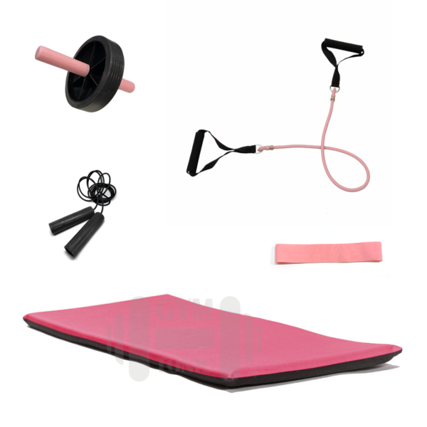 Set fitness rosa - banda + tiraband + colchoneta + soga + rueda