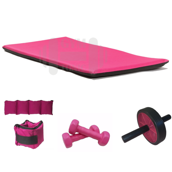 Kit Rosa - Rueda + Colchoneta + Tobilleras + Pesas 1 kg