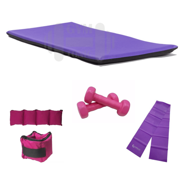 Set kit rosa y violeta - colchoneta + tiraband + tobilleras y pesas 1 kg