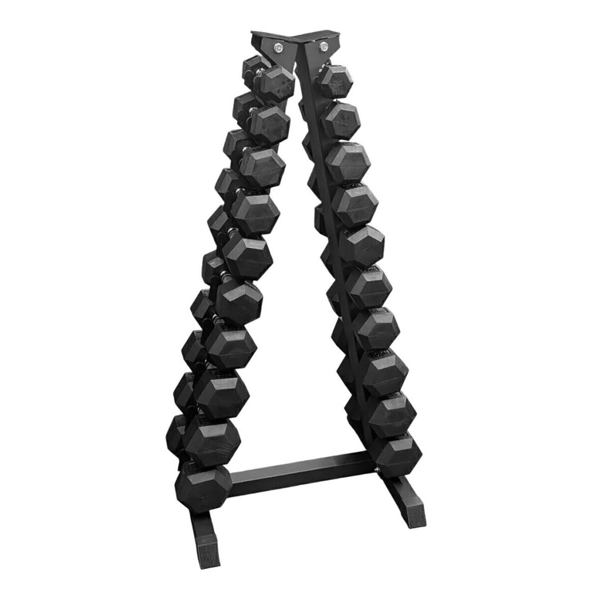 Par de mancuernas hexagonales de 1 a 10 kg + Rack vertical organizador pino