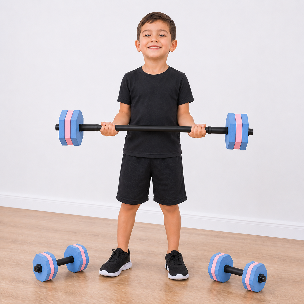 Kit fitness infantil barra + mancuernas con discos de goma eva